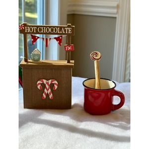 Hot chocolate stand(6x3.5in), 2” red mug &wooden mini spoon with peppermint-NWT